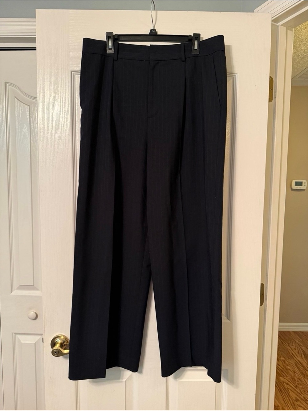 Madewell Slouchy Straight Pants Women's 12 Navy Pinstripe Italian Wool Blend